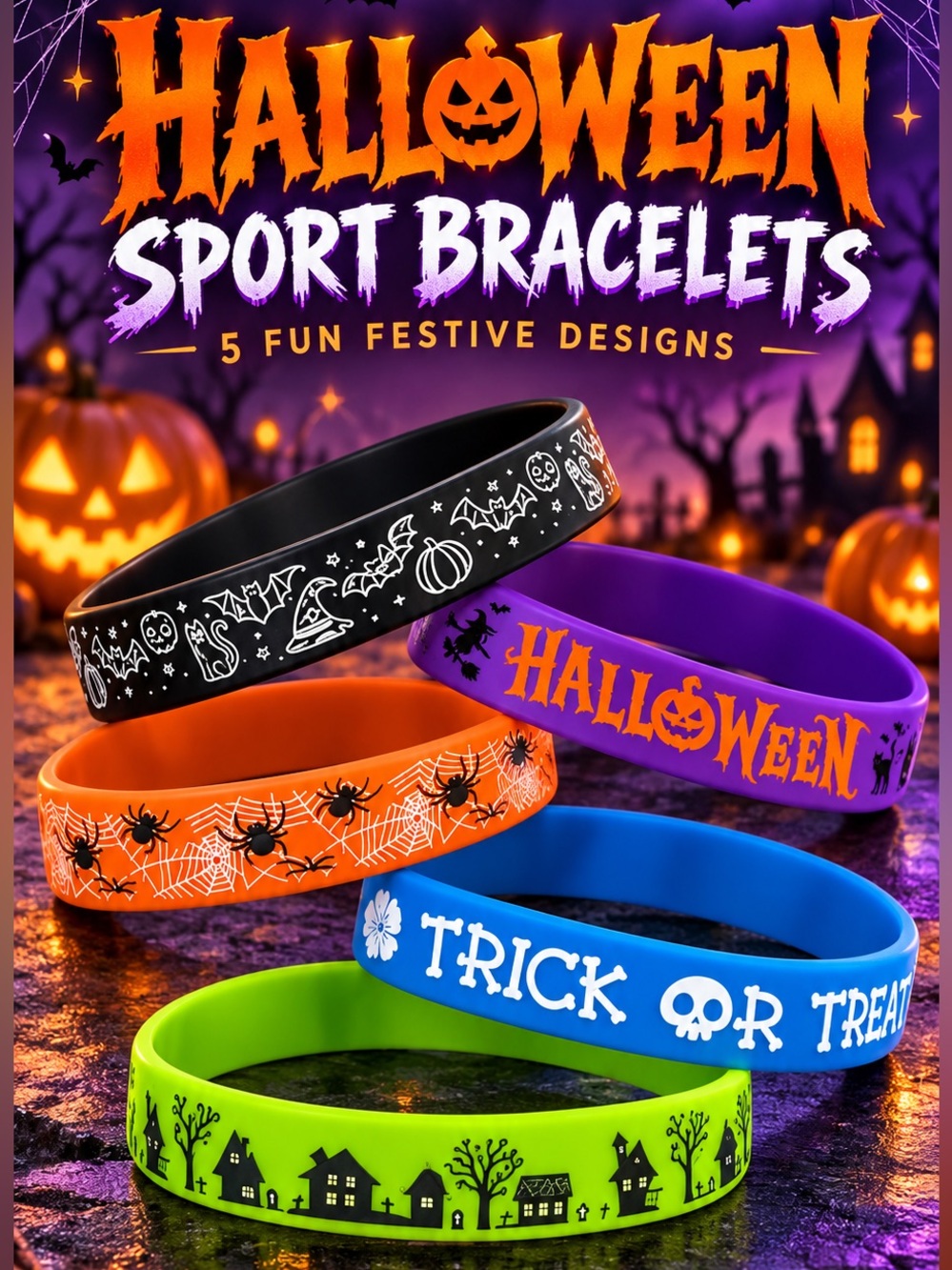 Set of 5 Halloween Silicone Sport Bracelets fun festive designs
